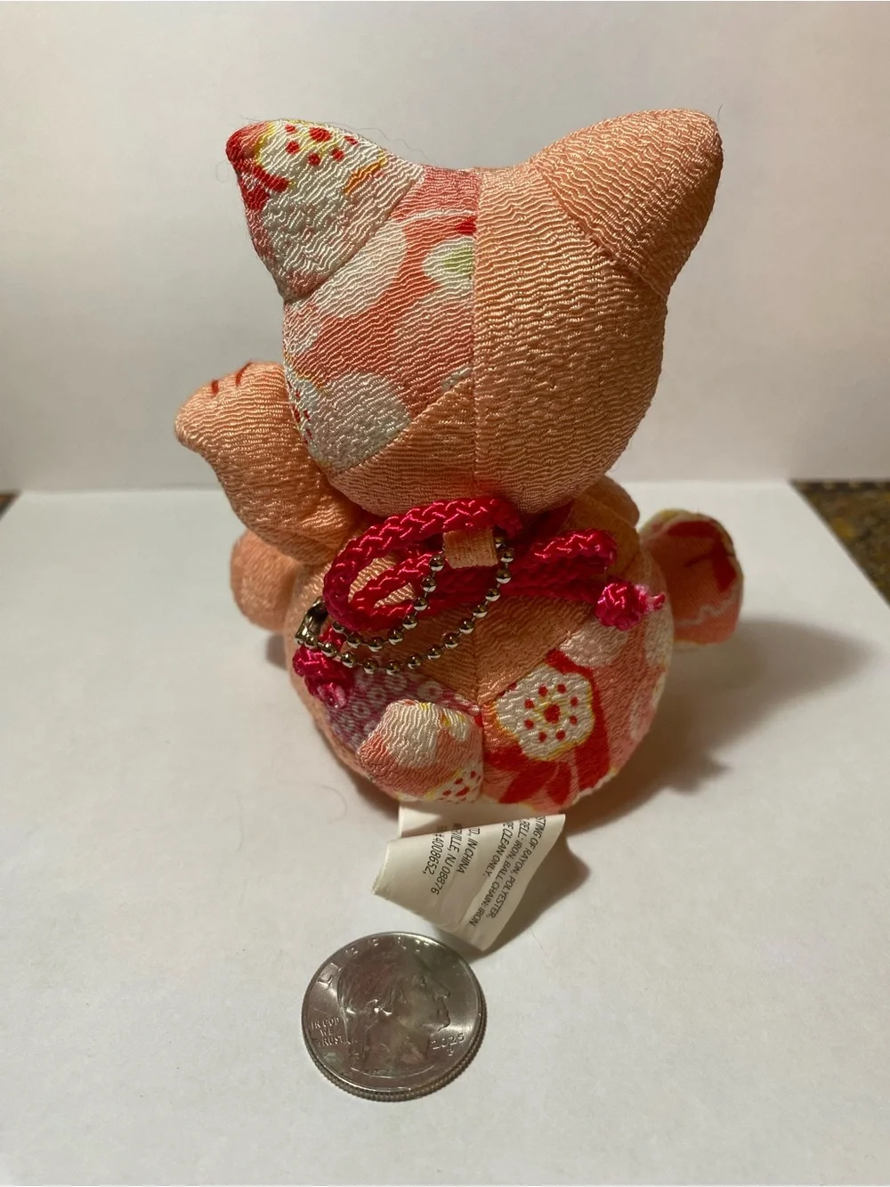 Peach Fabric Lucky Cat Key & Card Holder Charm